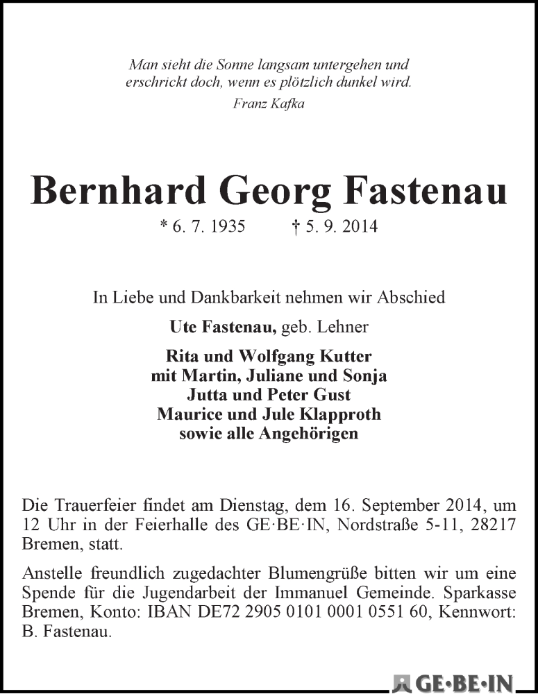 Traueranzeige von Bernhard Georg Fastenau von WESER-KURIER