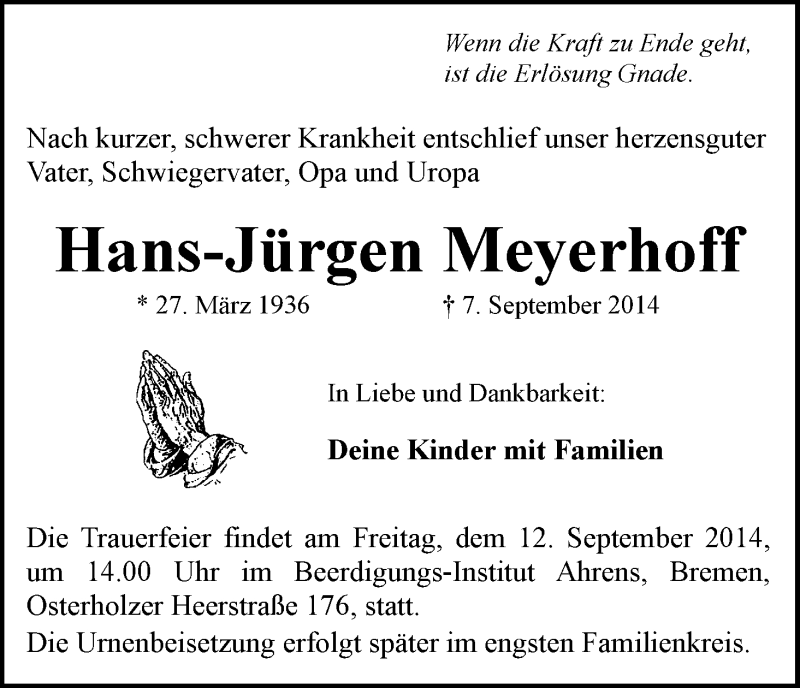 Traueranzeige von Hans-Jürgen Meyerhoff von WESER-KURIER