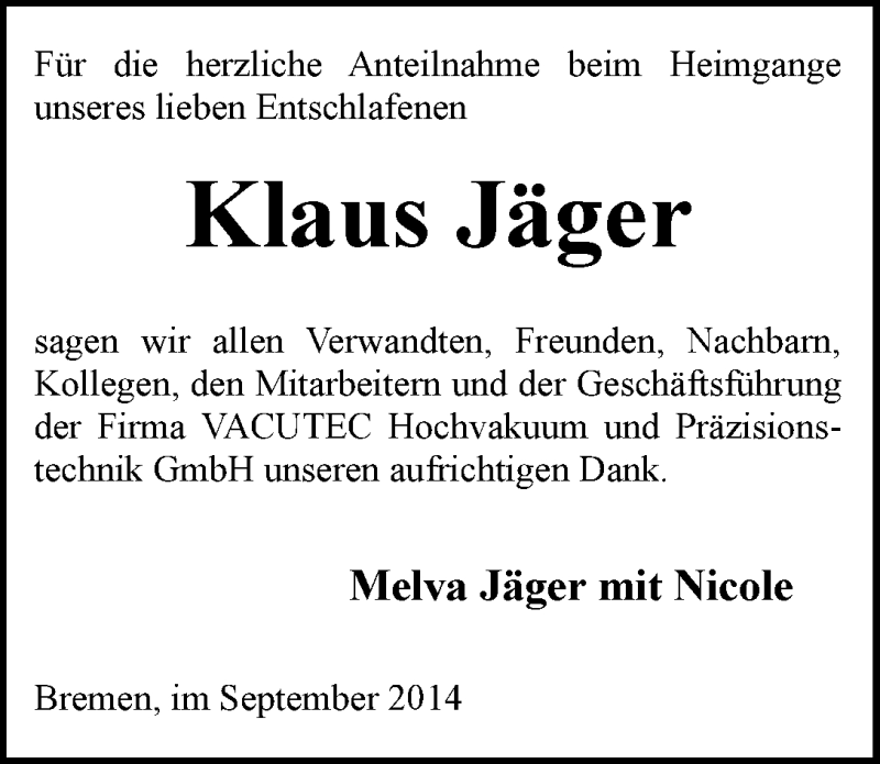 Traueranzeige von Klaus Jäger von WESER-KURIER