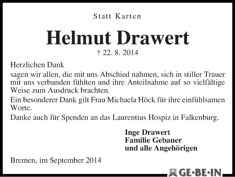 Traueranzeige von Helmut Drawert von WESER-KURIER