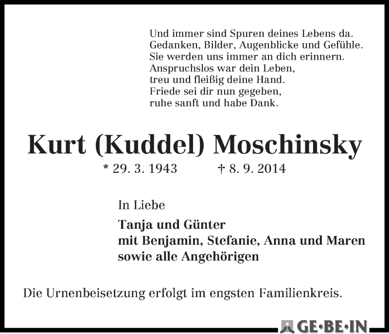 Traueranzeige von Kurt Moschinsky von WESER-KURIER