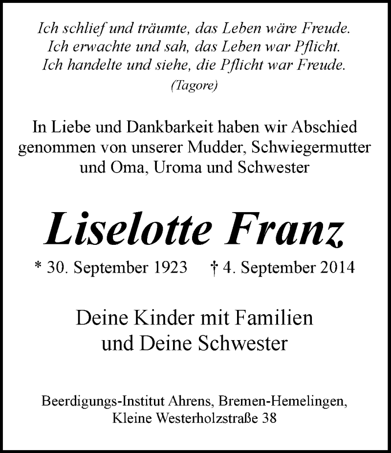 Traueranzeige von Liselotte Franz von WESER-KURIER