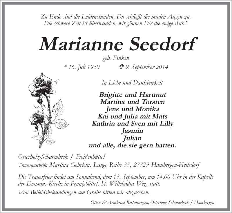 Traueranzeige von Marianne Seedorf von Osterholzer Kreisblatt