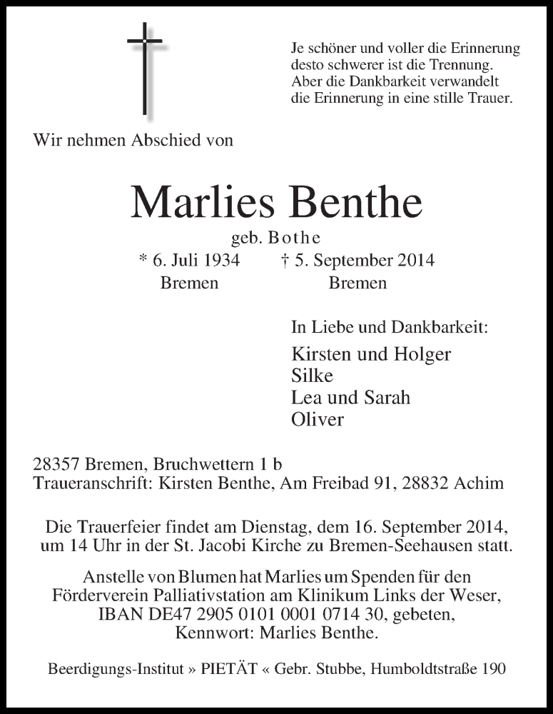 Traueranzeige von Marlies Benthe von WESER-KURIER