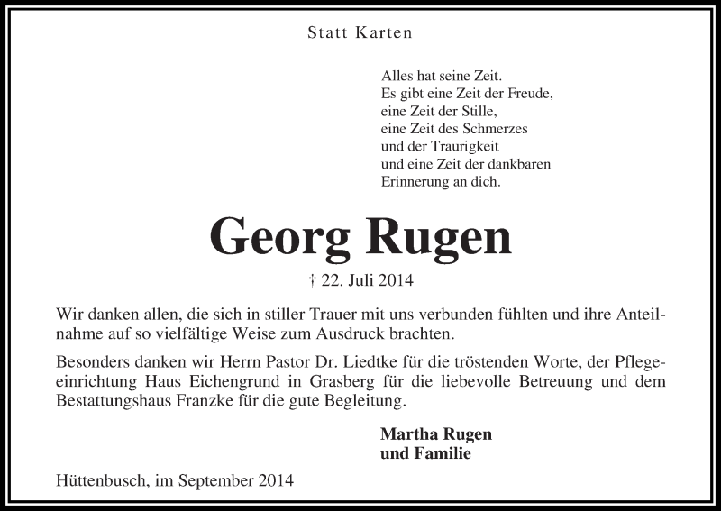 Traueranzeige von Georg Rugen von Wuemme Zeitung
