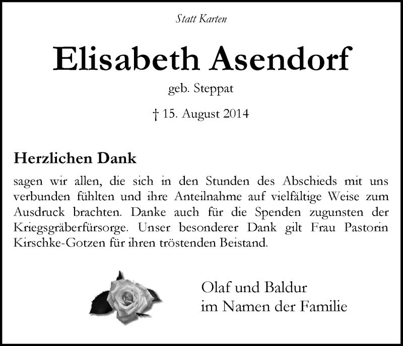 Traueranzeige von Elisabeth Asendorf von WESER-KURIER