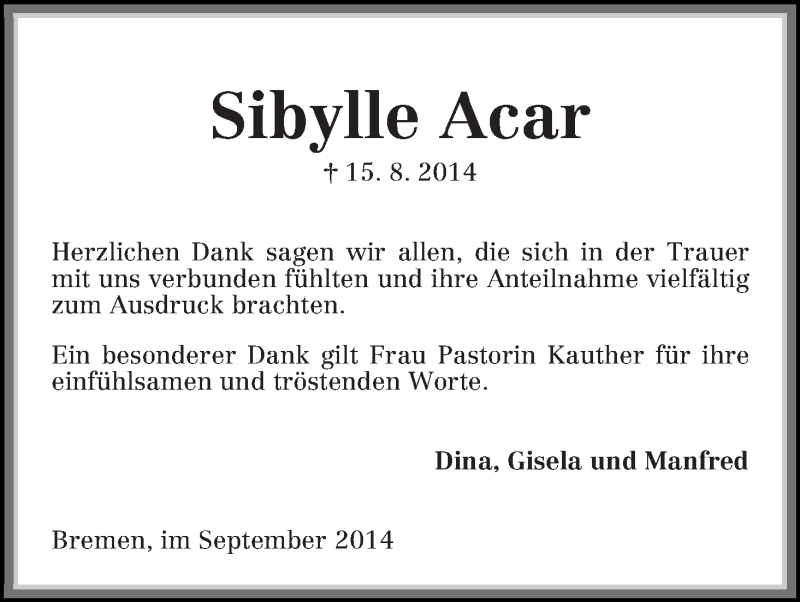  Traueranzeige für Sibylle Acar vom 13.09.2014 aus Die Norddeutsche