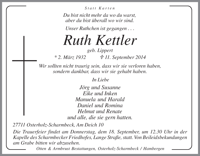 Traueranzeige von Ruth Kettler von Osterholzer Kreisblatt