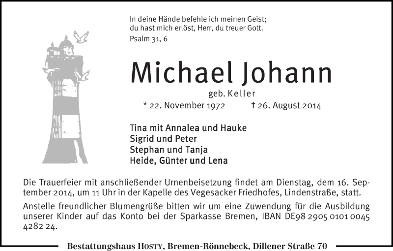 Traueranzeige von Michael Johann von Die Norddeutsche