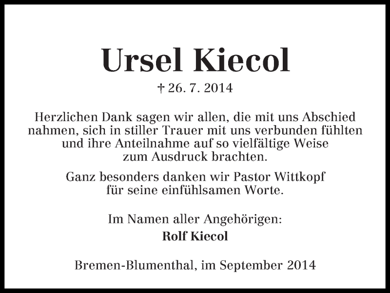Traueranzeige von Ursel Kiecol von Die Norddeutsche