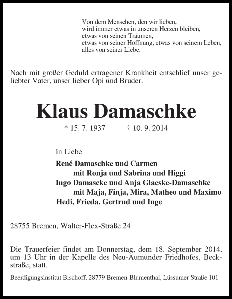 Traueranzeige von Klaus Damaschke von Die Norddeutsche