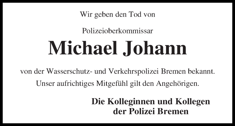 Traueranzeige von Michael Johann von Die Norddeutsche