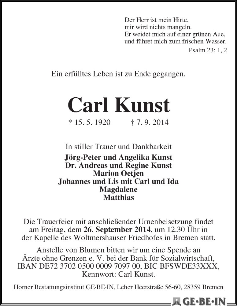 Traueranzeige von Carl Kunst von WESER-KURIER