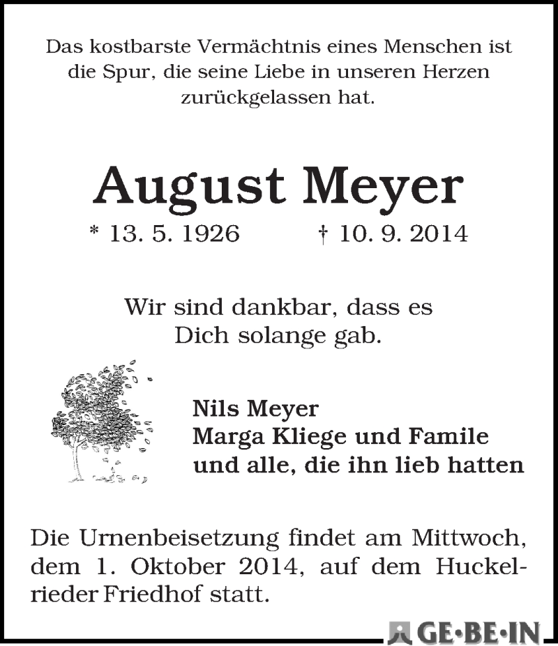 Traueranzeige von August Meyer von WESER-KURIER