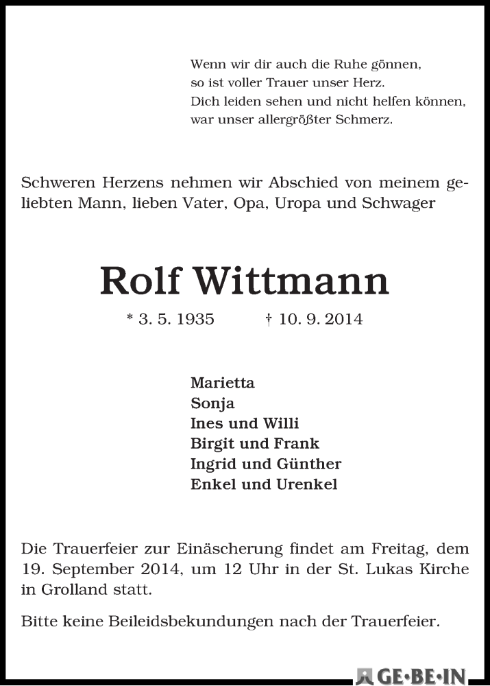 Traueranzeige von Rolf Wittmann von WESER-KURIER