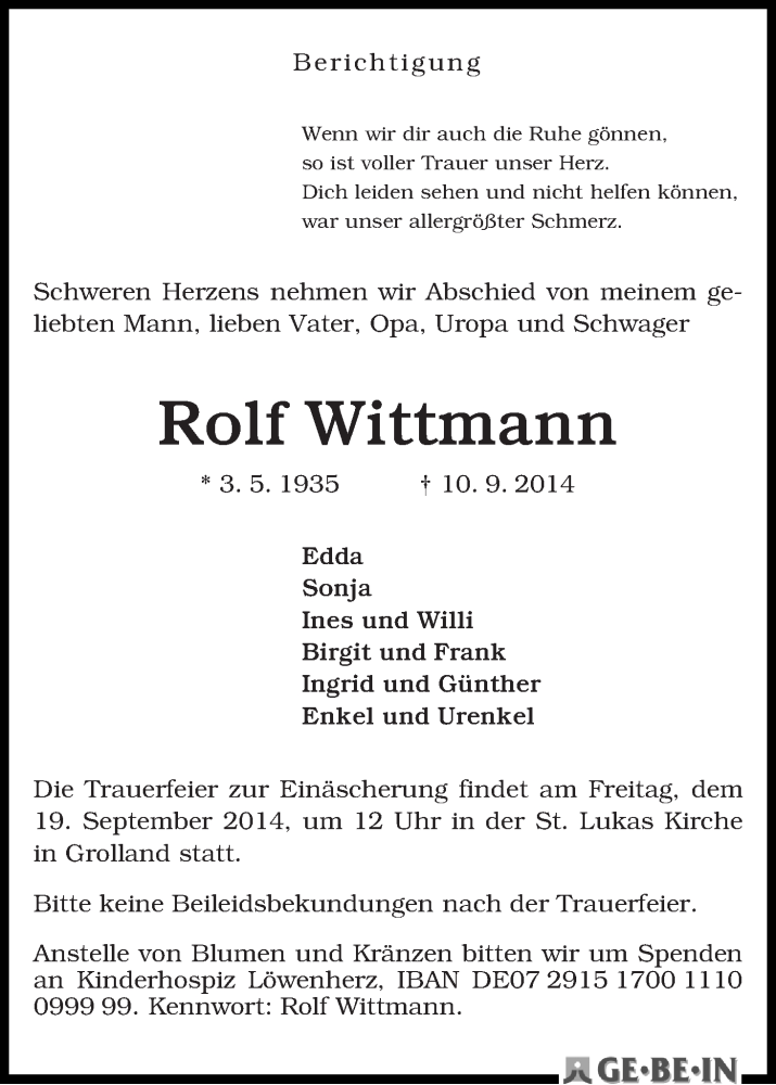 Traueranzeige von Rolf Wittmann von WESER-KURIER