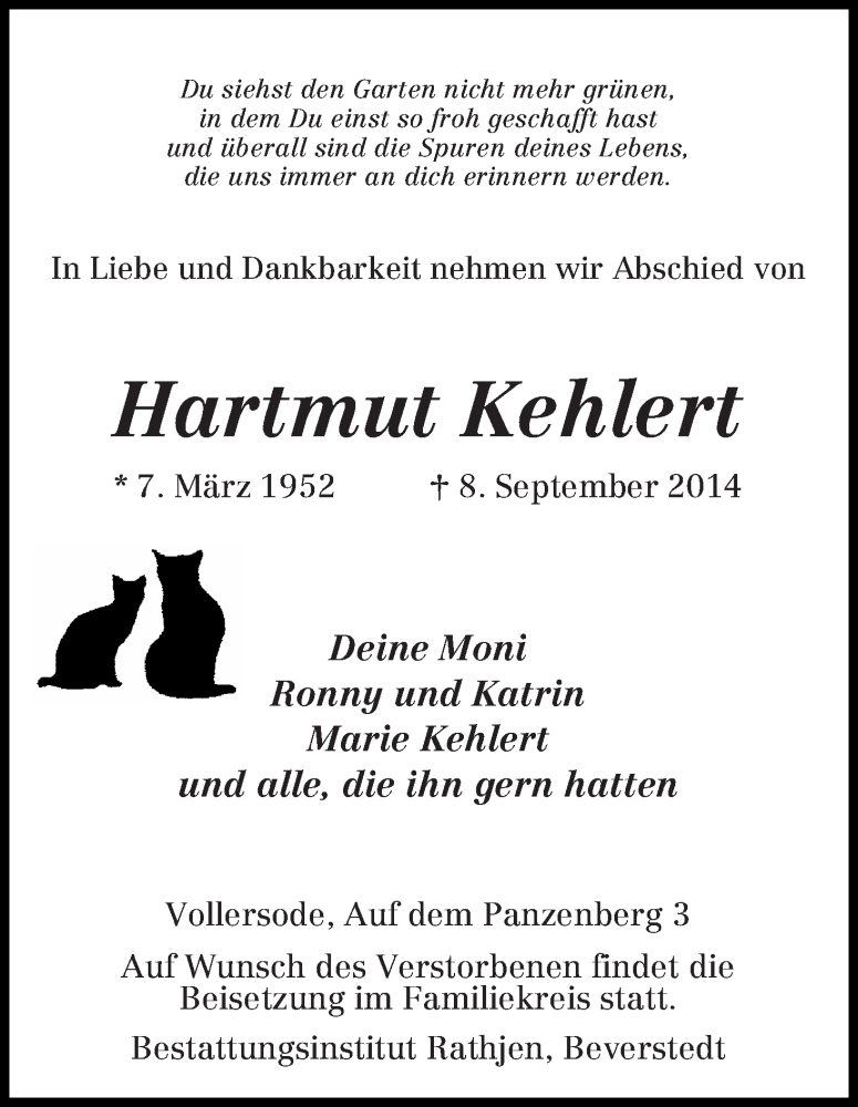 Traueranzeige von Hartmut Kehlert von Osterholzer Kreisblatt