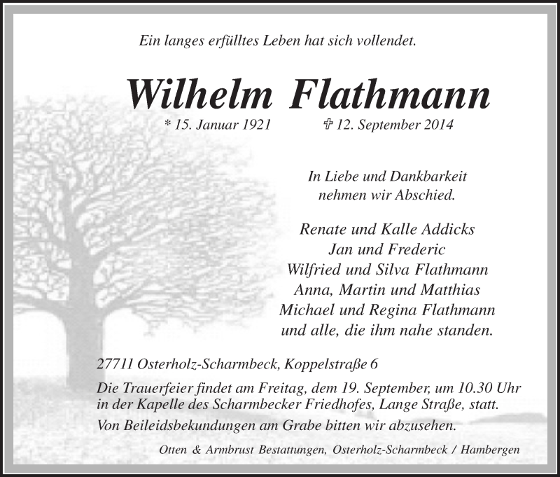 Traueranzeige von Wilhelm Flathmann von Osterholzer Kreisblatt
