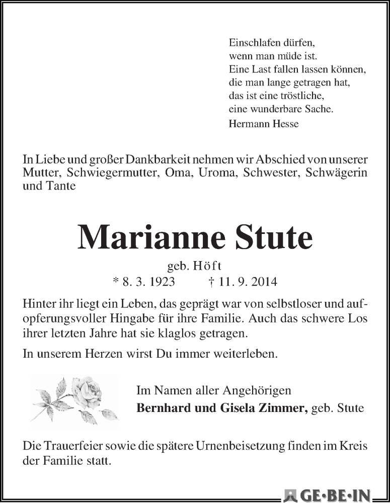 Traueranzeige von Marianne Stute von WESER-KURIER