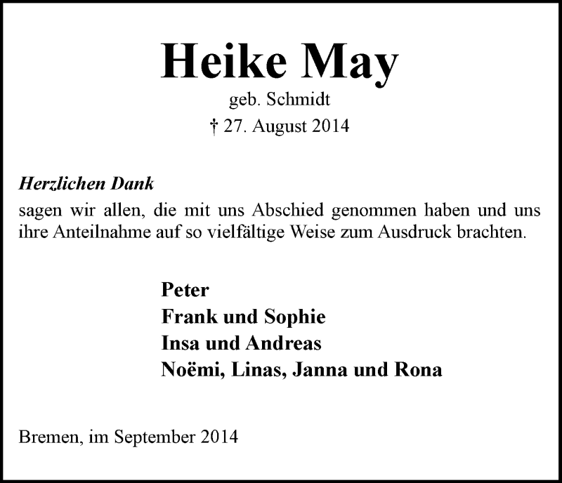 Traueranzeige von Heike May von WESER-KURIER