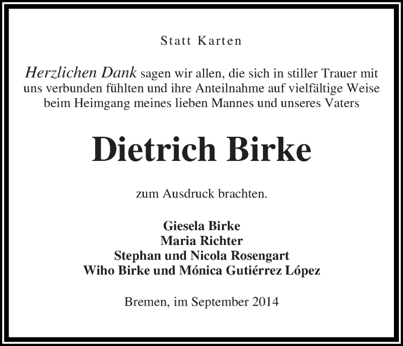Traueranzeige von Dietrich Birke von WESER-KURIER