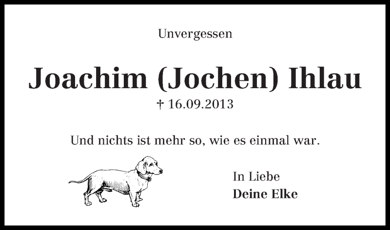  Traueranzeige für Joachim (Jochen) Ihlau vom 16.09.2014 aus WESER-KURIER