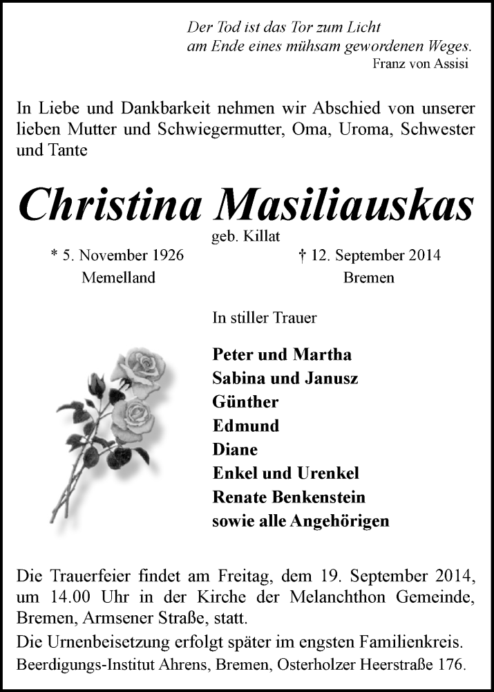 Traueranzeige von Christina Masiliauskas von WESER-KURIER