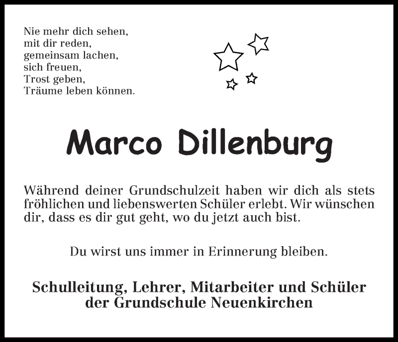 Traueranzeige von Marco Dillenburg von Die Norddeutsche