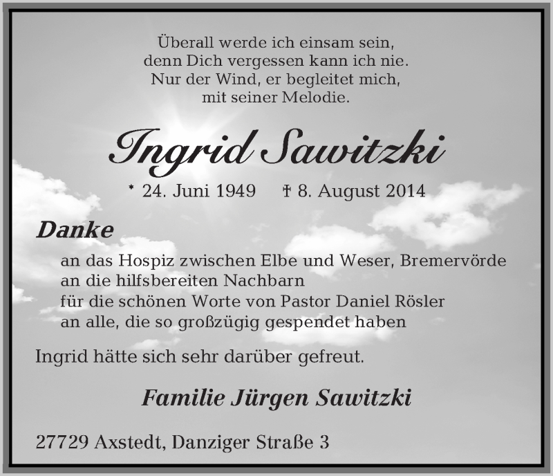Traueranzeige von Ingrid Sawitzki von Osterholzer Kreisblatt