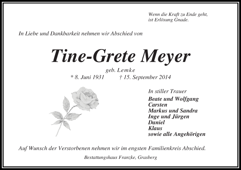 Traueranzeige von Tine-Grete Meyer von Wuemme Zeitung