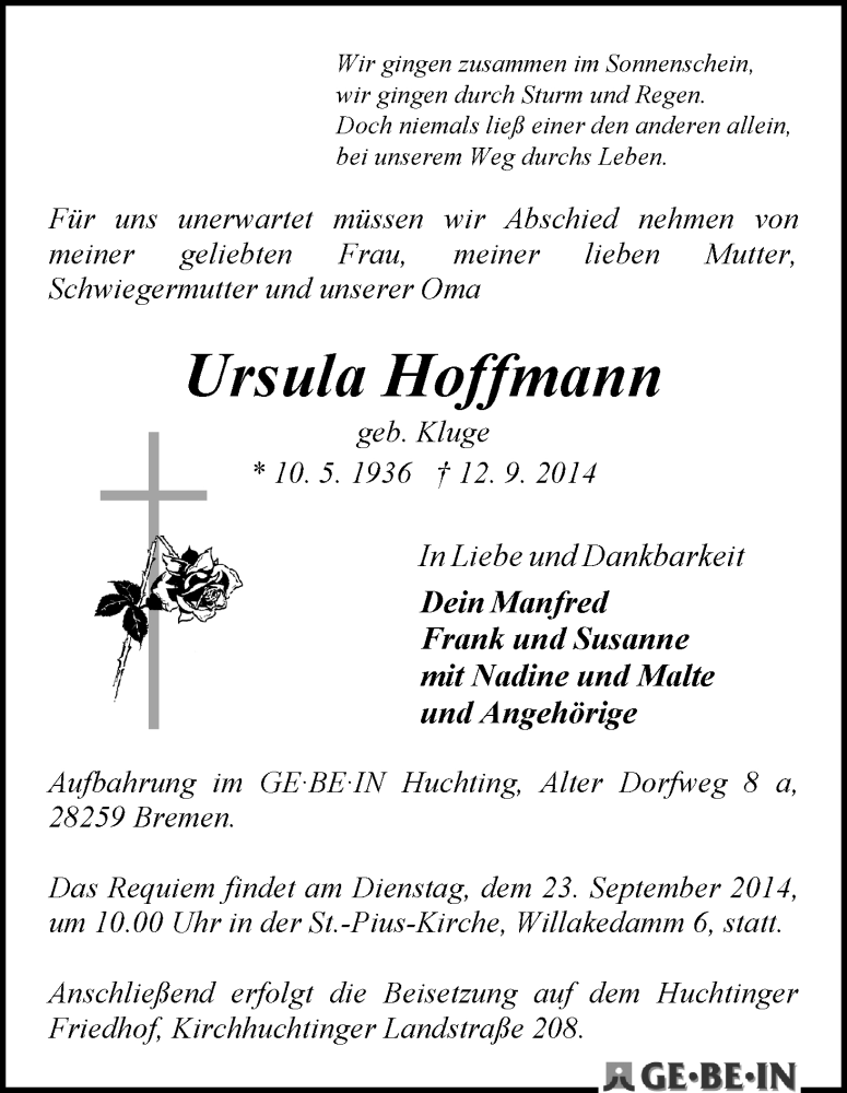 Traueranzeige von Ursula Hoffmann von WESER-KURIER