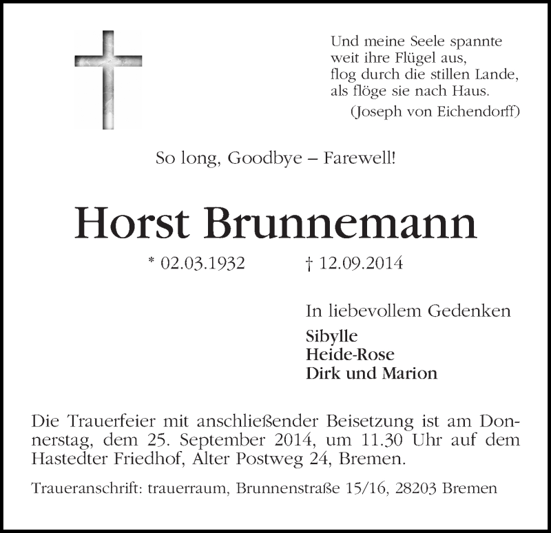  Traueranzeige für Horst Brunnemann vom 20.09.2014 aus WESER-KURIER
