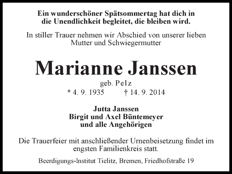 Traueranzeige von Marianne Janssen von WESER-KURIER