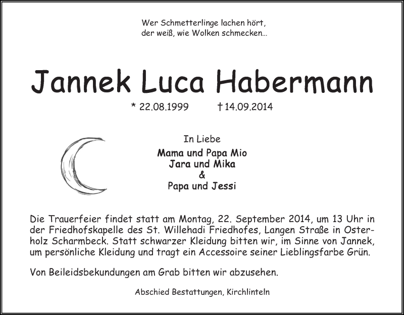  Traueranzeige für Jannek Luca Habermann vom 18.09.2014 aus Osterholzer Kreisblatt