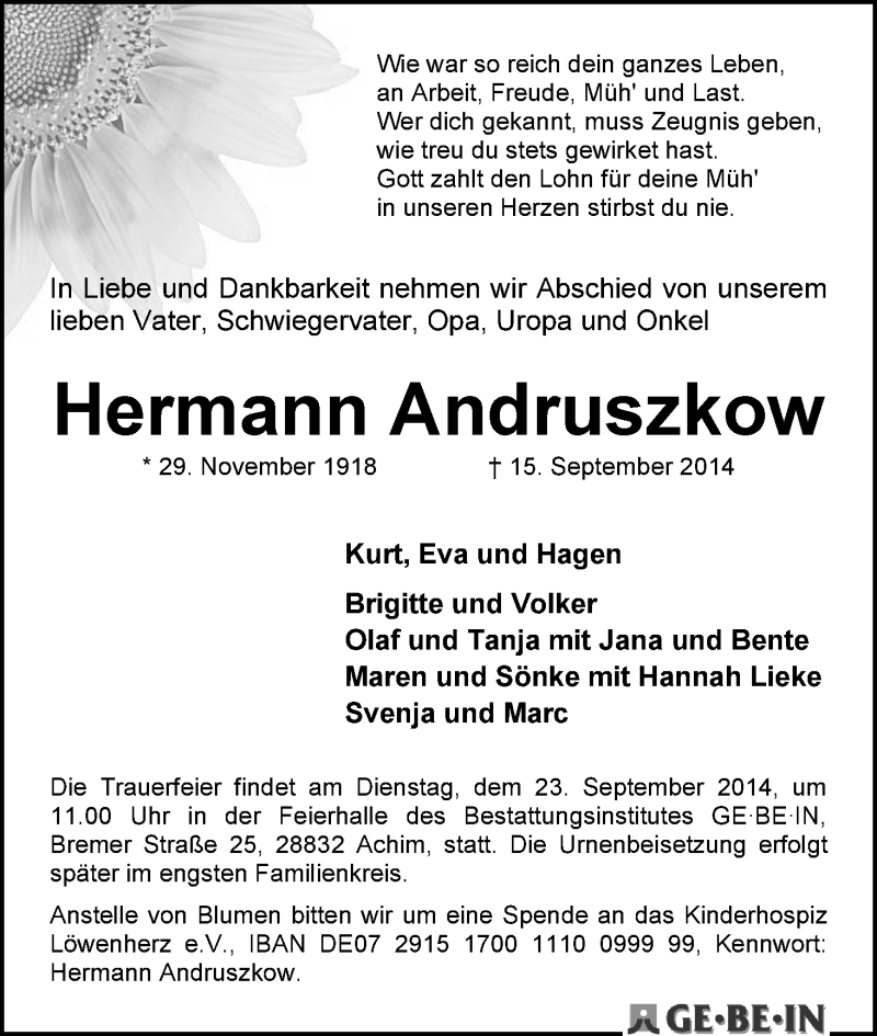 Traueranzeige von Hermann Andruszkow von WESER-KURIER