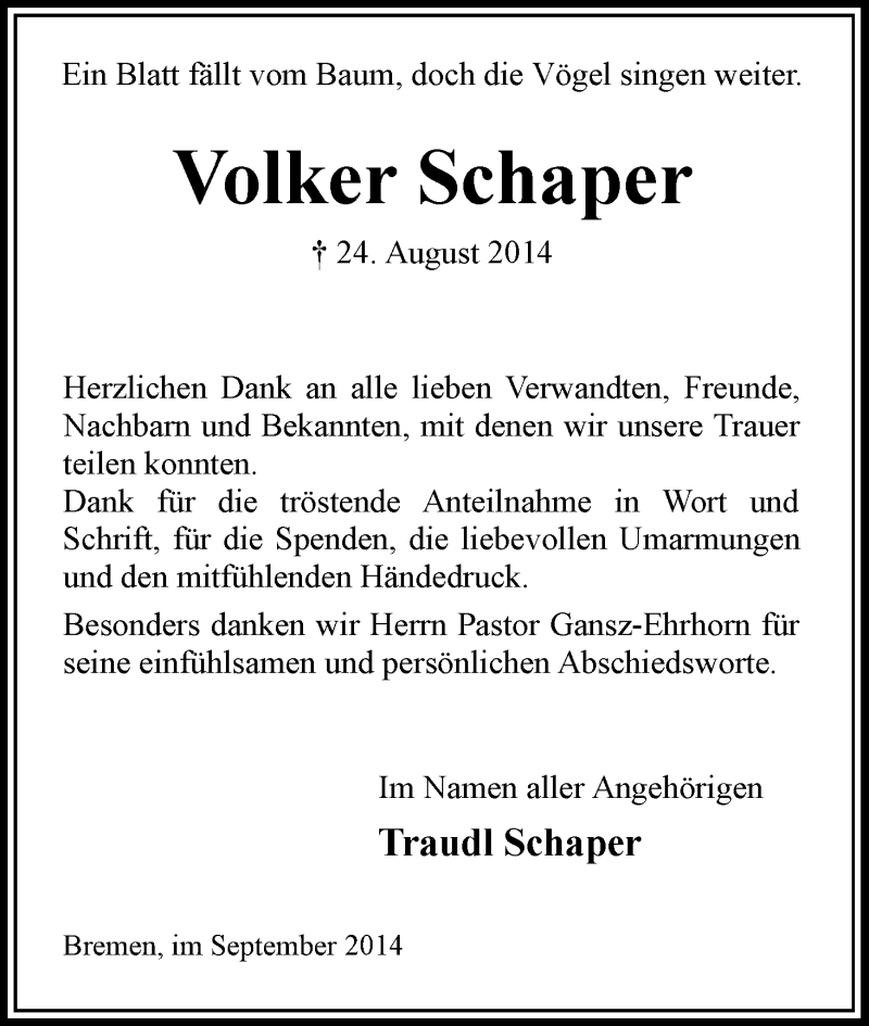 Traueranzeige von Volker Schaper von WESER-KURIER