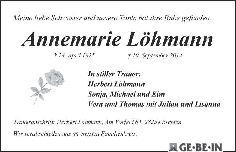 Traueranzeige von Annemarie Löhmann von WESER-KURIER