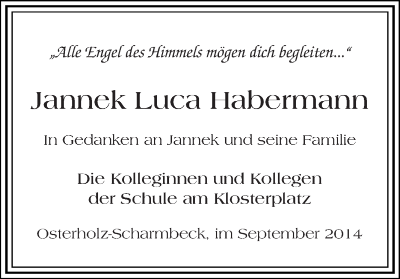 Traueranzeige für Jannek Luca Habermann vom 19.09.2014 aus Osterholzer Kreisblatt