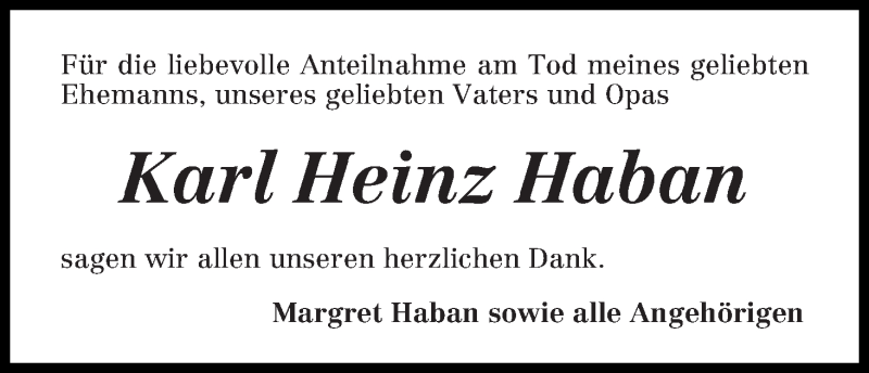 Traueranzeige von Karl Heinz Haban von WESER-KURIER