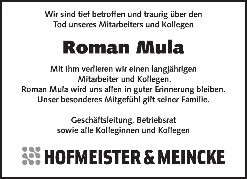  Traueranzeige für Roman Mula vom 20.09.2014 aus WESER-KURIER