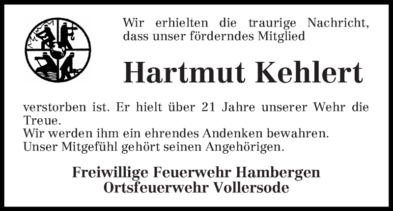 Traueranzeige von Hartmut Kehlert von Osterholzer Kreisblatt