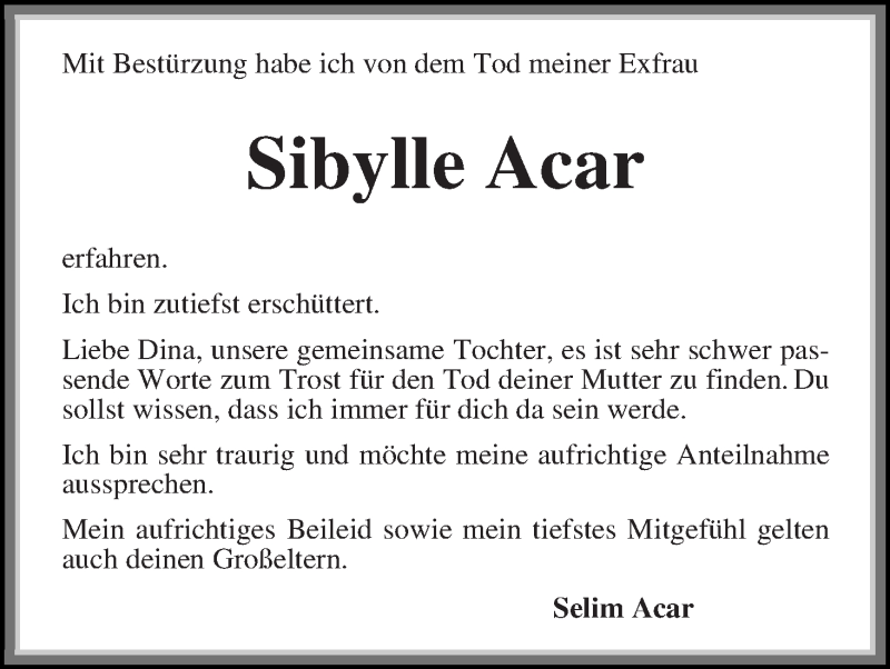  Traueranzeige für Sibylle Acar vom 20.09.2014 aus Die Norddeutsche