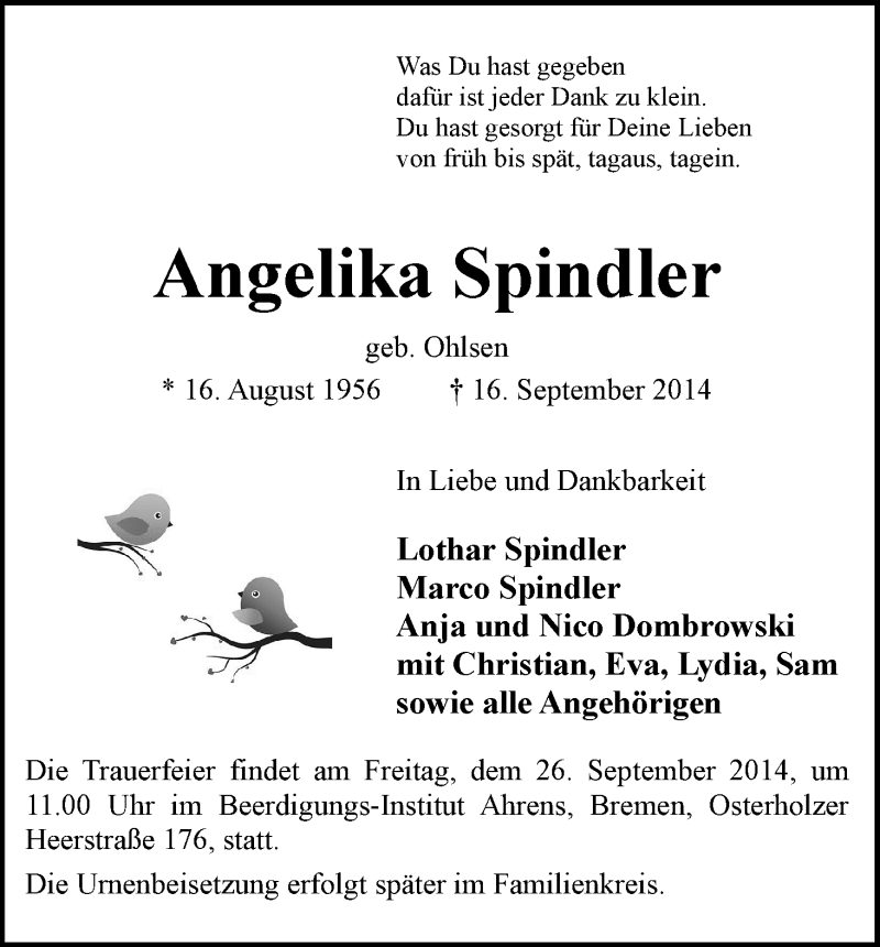 Traueranzeige von Angelika Spindler von WESER-KURIER