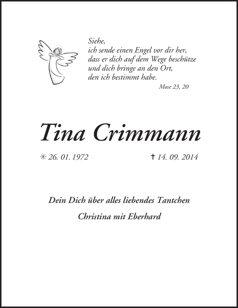  Traueranzeige für Tina Crimmann vom 20.09.2014 aus WESER-KURIER