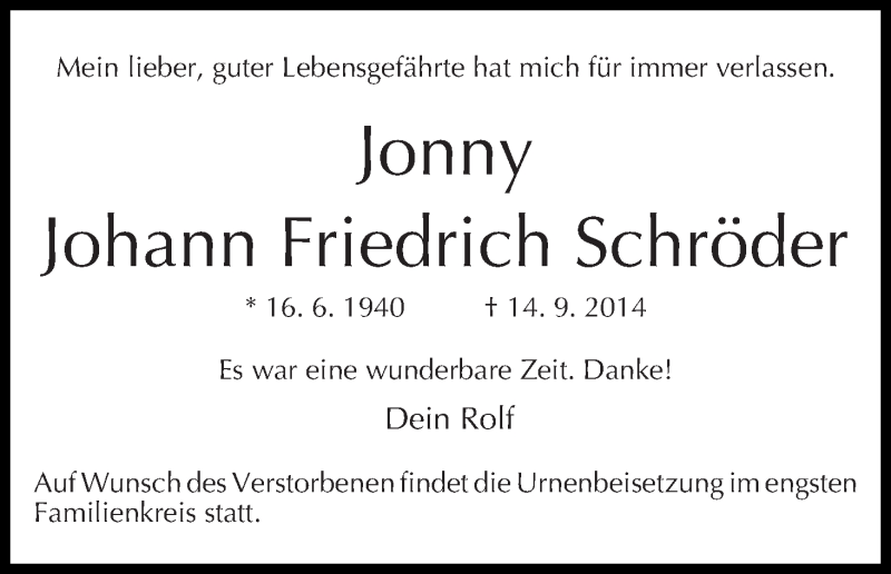 Traueranzeige von Johann Friedrich (Jonny) Schröder von WESER-KURIER