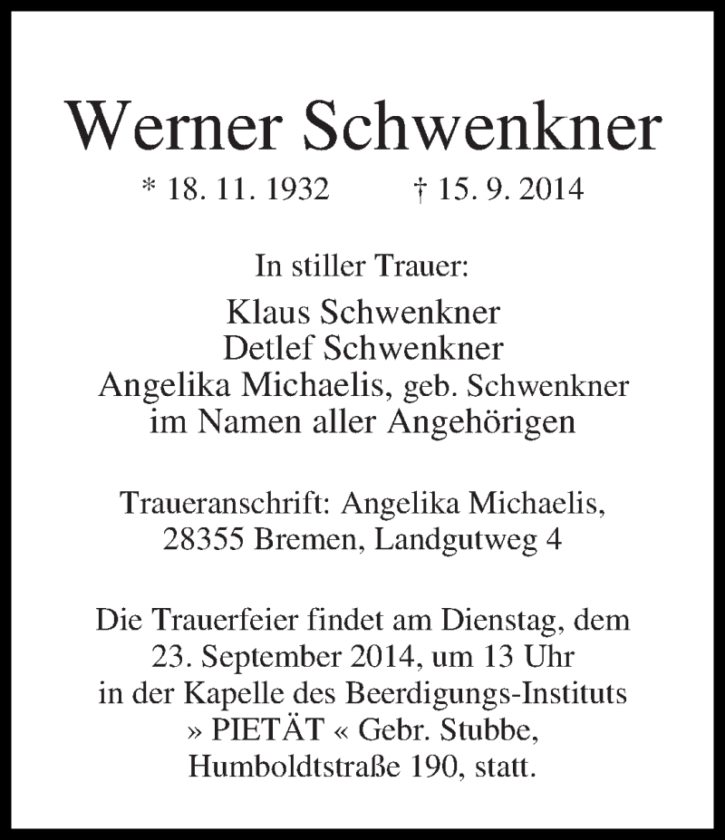 Traueranzeige von Werner Schwenkner von WESER-KURIER