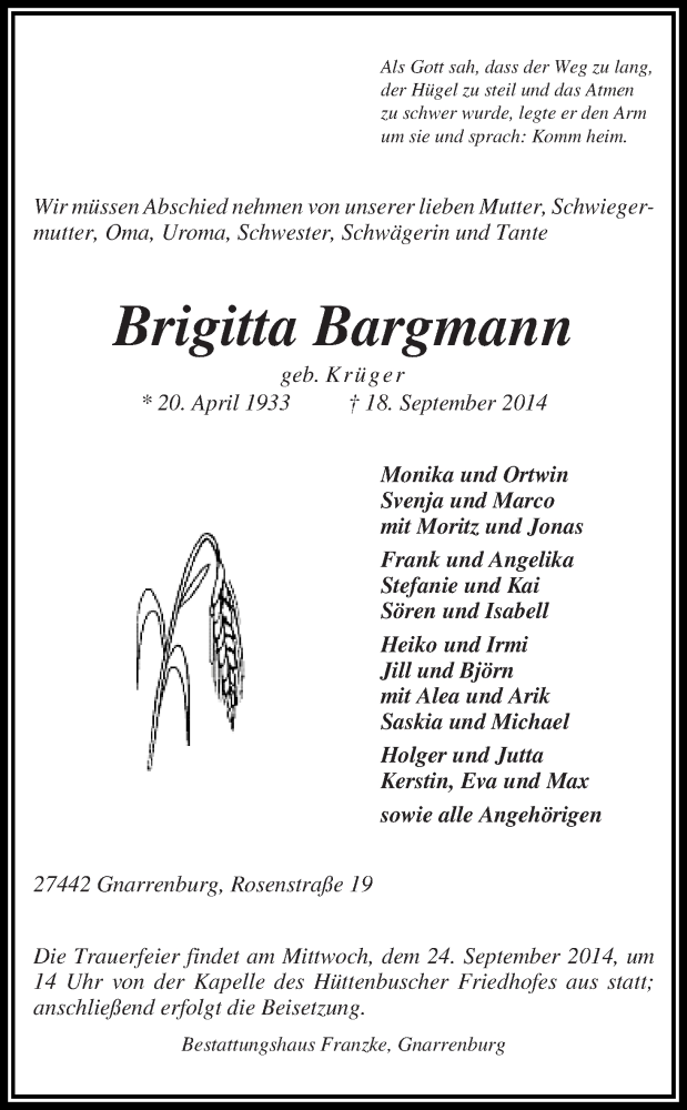  Traueranzeige für Brigitta Bargmann vom 22.09.2014 aus Wuemme Zeitung