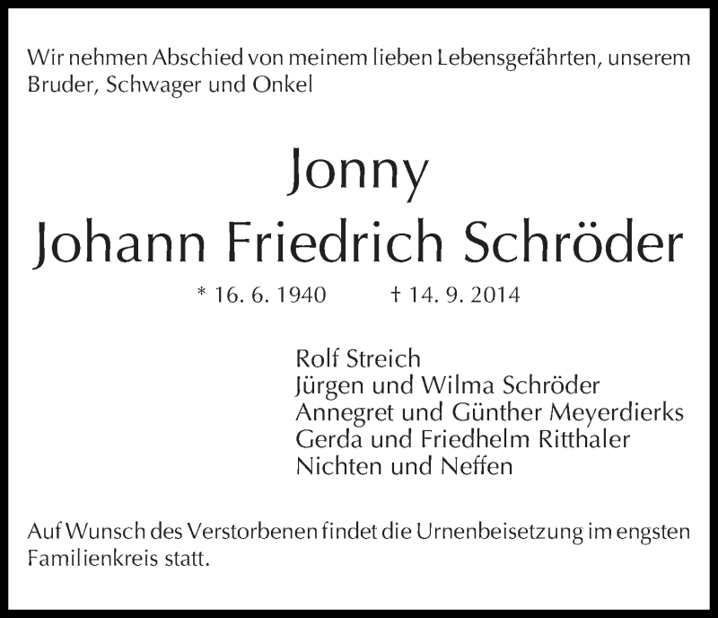 Traueranzeige von Johann Friedrich (Jonny) Schröder von WESER-KURIER