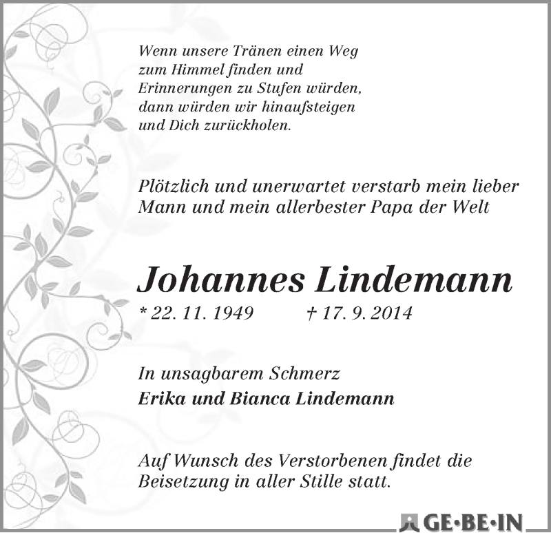 Traueranzeige von Johannes Lindemann von WESER-KURIER