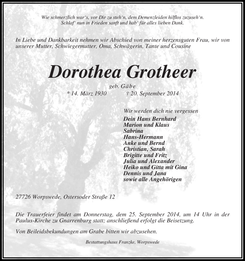 Traueranzeige von Dorothea Grotheer von Osterholzer Kreisblatt